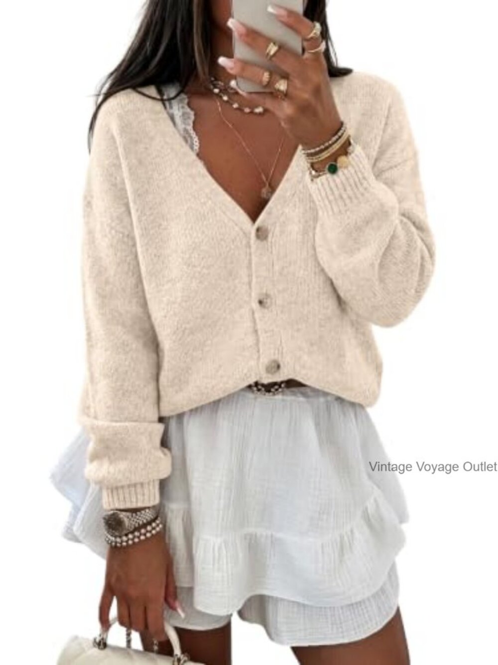 Oversized Cropped Cardigan V-Neck Button-Up Long Sleeve Fall Layering Sweater